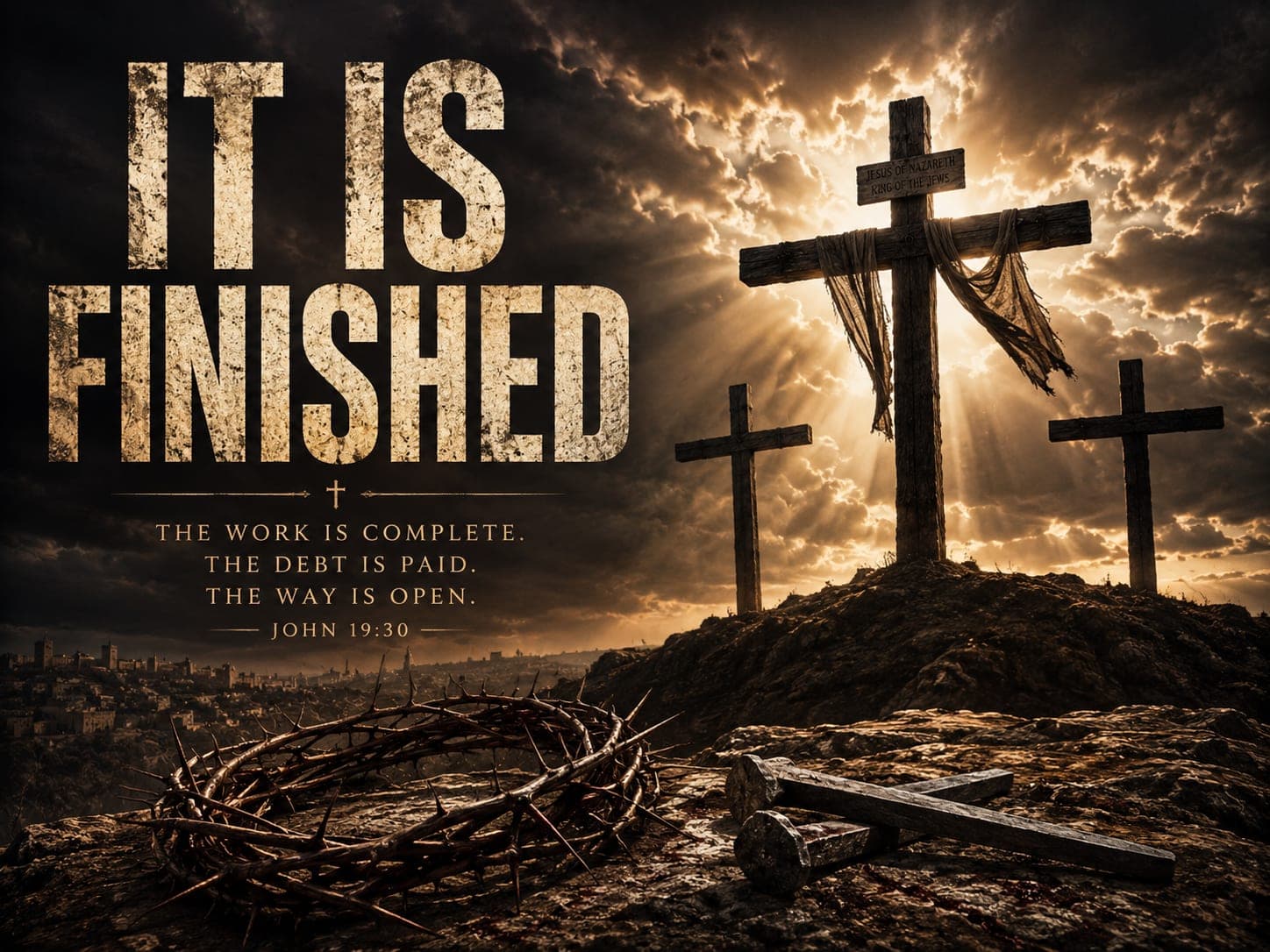 Three crosses stand on a hill under a broken sky lit from behind. A crown of thorns and a hammer lie in the dirt in the foreground.
