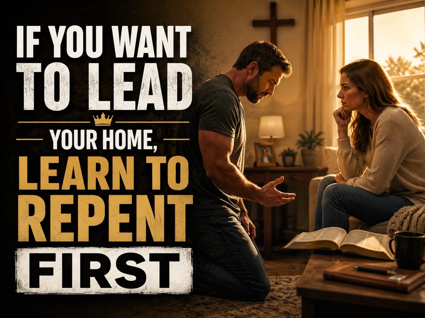 A man kneels on a living room floor with an open hand extended toward his wife, who sits on the couch listening. An open Bible and a mug rest on the coffee table.