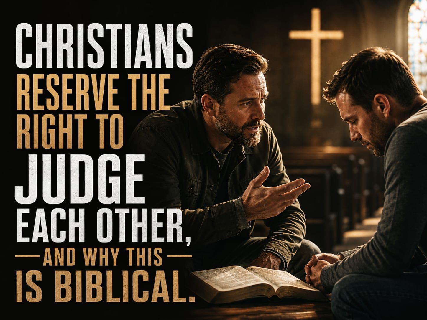 Two men sit facing each other on a church floor over an open Bible. One speaks with an open hand raised; the other listens with his head lowered.
