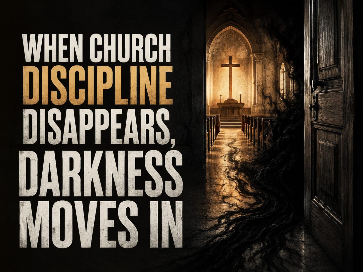 A church door stands open and dark tendrils creep along the center aisle toward the lit cross at the far end of the sanctuary.
