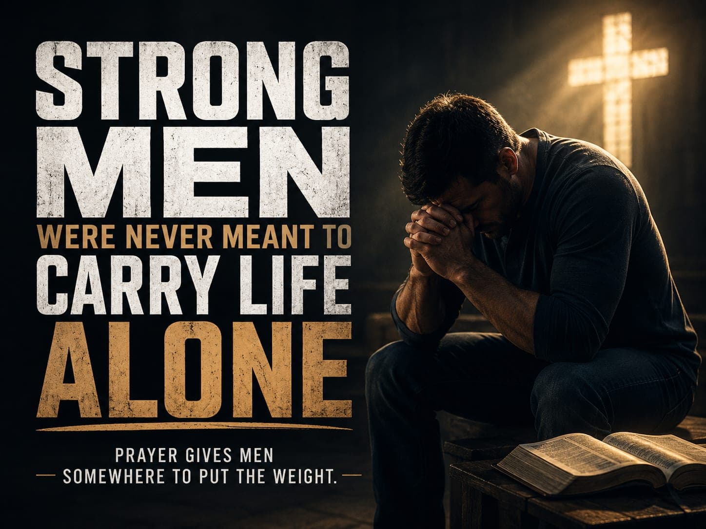A man sits alone on a bench in a dark room, head bowed over clasped hands, with a glowing cross on the wall behind him and an open Bible on a crate at his side.