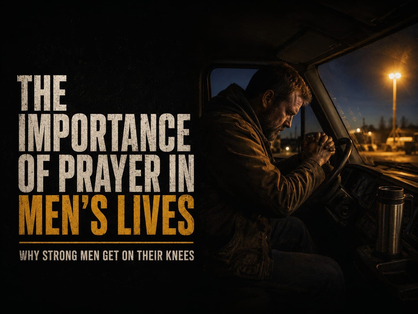 A man praying in his truck before work, in the dark cinematic style of the series, with the words "The Importance of Prayer in Men’s Lives" set across the graphic.