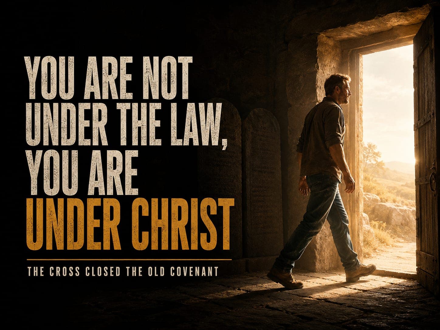 A man stepping out of a stone hall of carved tablets into morning light, in the dark cinematic style of the series, with the words "You Are Not Under the Law, You Are Under Christ" set across the graphic.