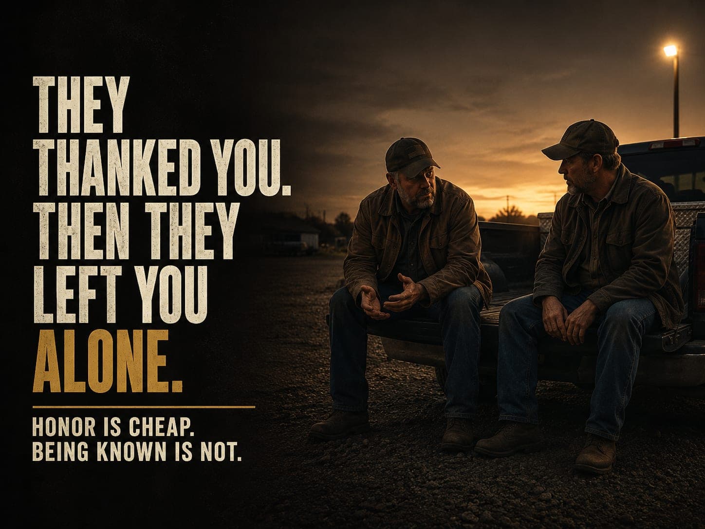 Two veterans talking on a truck tailgate at dusk, in the dark cinematic style of the series, with the words "They Thanked You. Then They Left You Alone." set across the graphic.