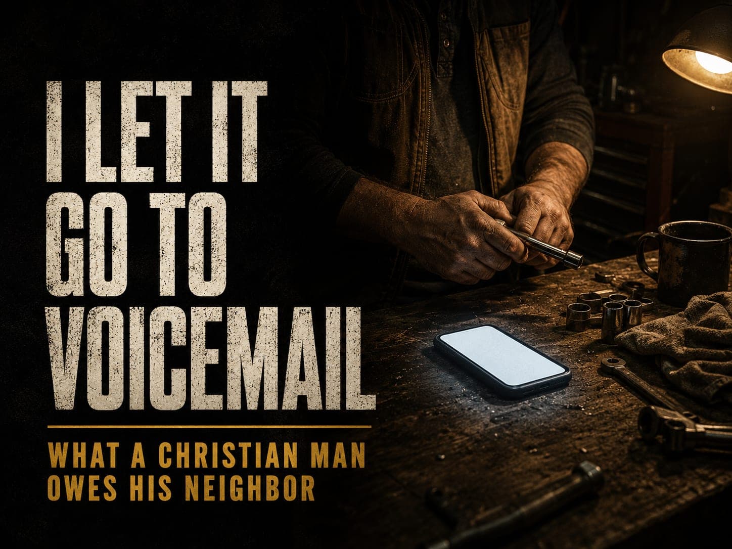 A lit phone face up on a workbench beside a man's paused hands, in the dark cinematic style of the series, with the words "I Let It Go to Voicemail" set across the graphic.