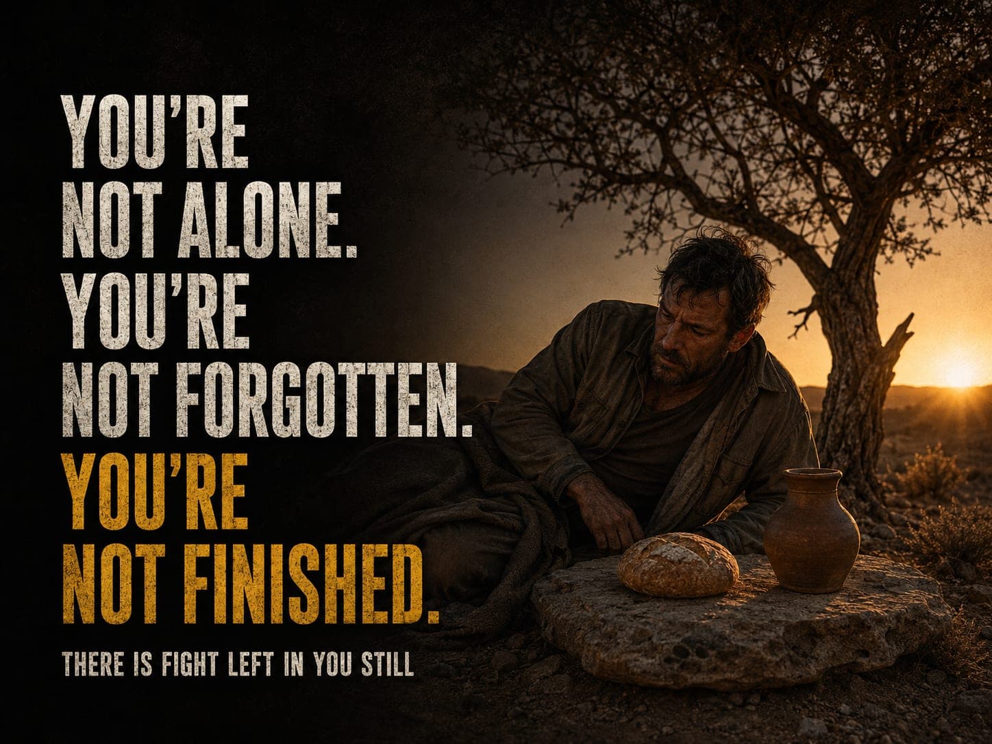 A man waking in the wilderness at first light with bread and water set beside him, in the dark cinematic style of the series, with the words "You're Not Alone. You're Not Forgotten. You're Not Finished." set across the graphic.