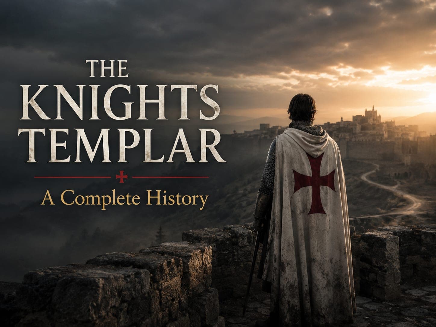 A lone Templar in a white mantle on a stone rampart at dawn facing the road to a distant walled city, in the dark cinematic style of the series, with the words "The Knights Templar: A Complete, Historically Accurate History" set across the graphic.