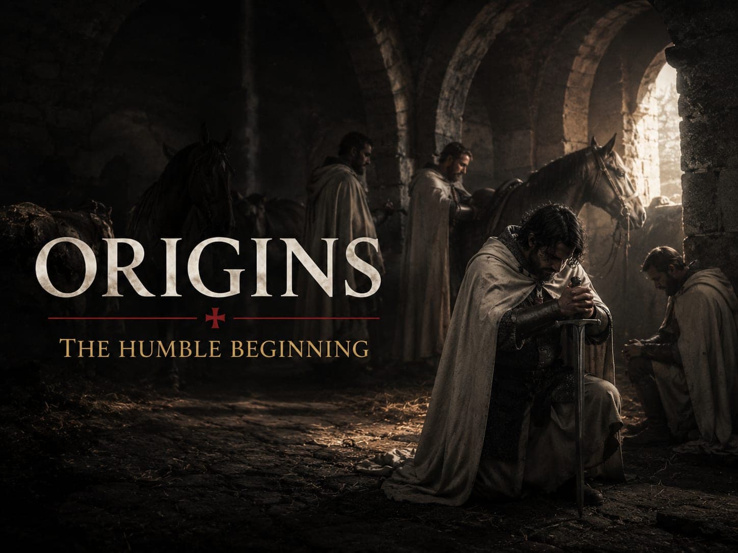 Weary knights kneeling in a bare stone stable beneath the Temple Mount at dawn, in the dark cinematic style of the series, with the words "Origins: Nine Knights and a Stable on the Temple Mount" set across the graphic.