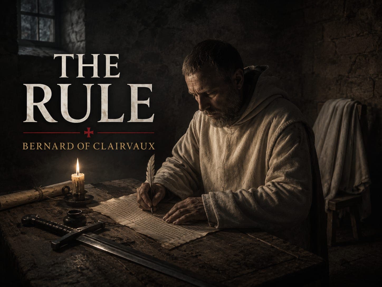 A monk writing the Rule by candlelight with a sheathed sword on the table, in the dark cinematic style of the series, with the words "The Rule and the Sales Pitch: Bernard of Clairvaux at Troyes" set across the graphic.