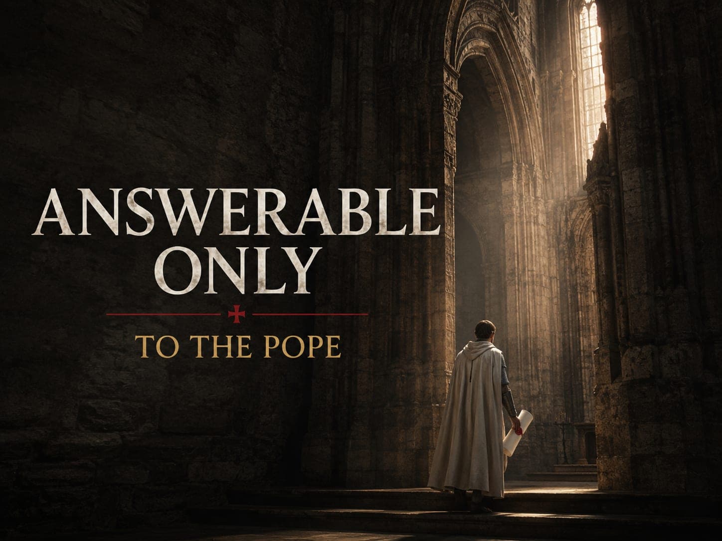 A knight holding a wax-sealed papal document beneath a towering cathedral arch, in the dark cinematic style of the series, with the words "Answerable Only to the Pope: Omne datum optimum" set across the graphic.