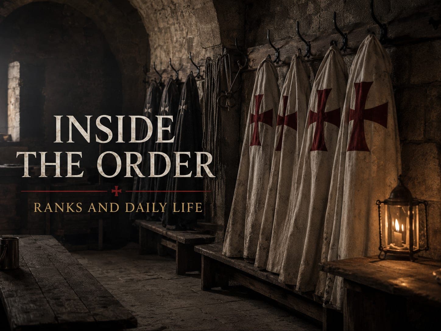 White mantles with red crosses hung on iron pegs in a candlelit stone dormitory, in the dark cinematic style of the series, with the words "Inside the Order: Ranks, Mantles, and Daily Life" set across the graphic.