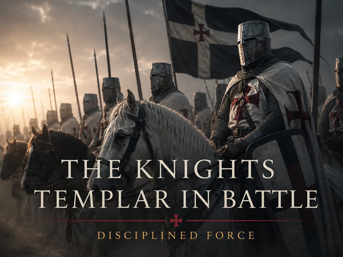 A mounted Templar knight in profile before a line of cavalry under the black and white banner, in the dark cinematic style of the series, with the words "The War Machine: Templars in the Crusades" set across the graphic.