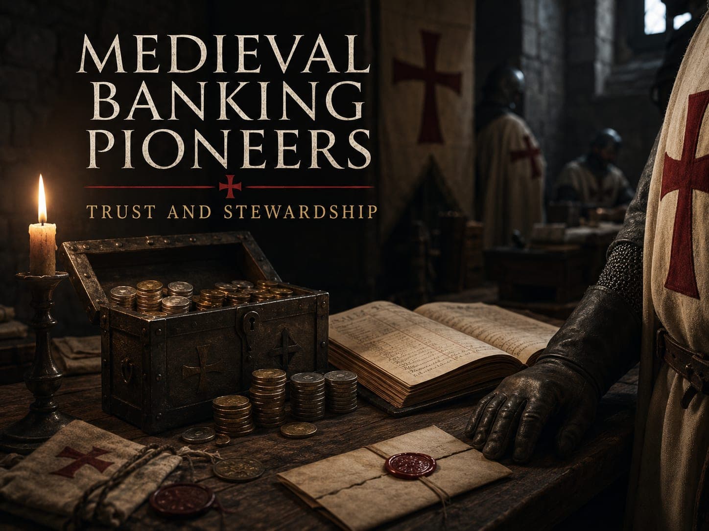 Gloved Templar hands sealing a letter of credit with red wax beside a strongbox of coins and a ledger, in the dark cinematic style of the series, with the words "Medieval Banking Pioneers: How the Templars Moved Money Across a Continent" set across the graphic.