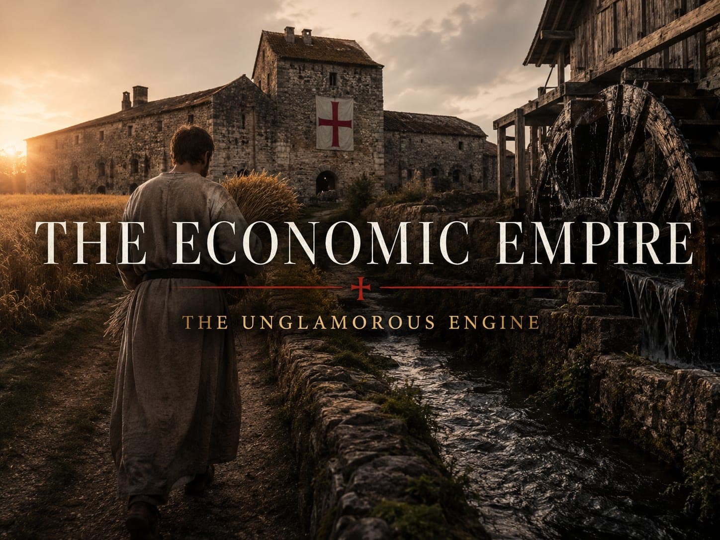 A lay brother holding a sheaf of grain by a stone mill wheel at golden hour, in the dark cinematic style of the series, with the words "The Economic Empire: Commanderies, Farms, and Estates Across Europe" set across the graphic.