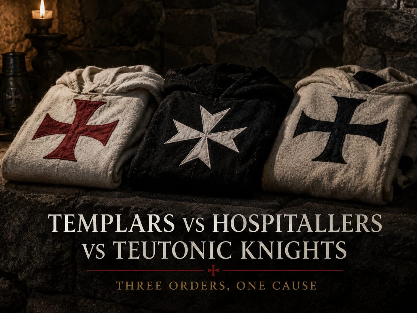 Three folded mantles bearing the Templar Hospitaller and Teutonic crosses on stone by candlelight, in the dark cinematic style of the series, with the words "Rivals and Cousins: Templars vs. Hospitallers vs. Teutonic Knights" set across the graphic.
