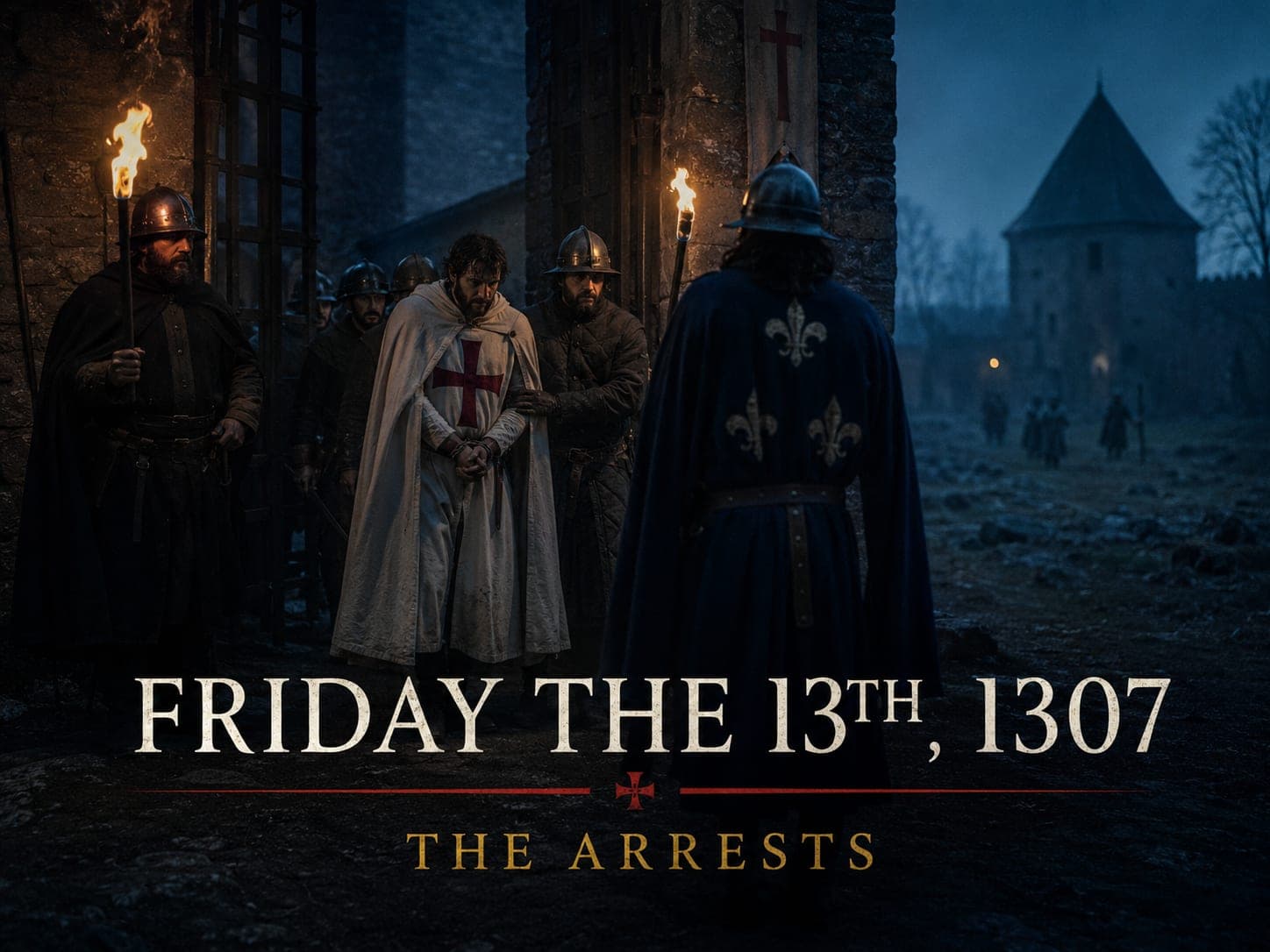 A Templar's manacled wrists at cold dawn as torchlit soldiers lead him from a preceptory, in the dark cinematic style of the series, with the words "Friday the 13th, 1307: The Arrests" set across the graphic.