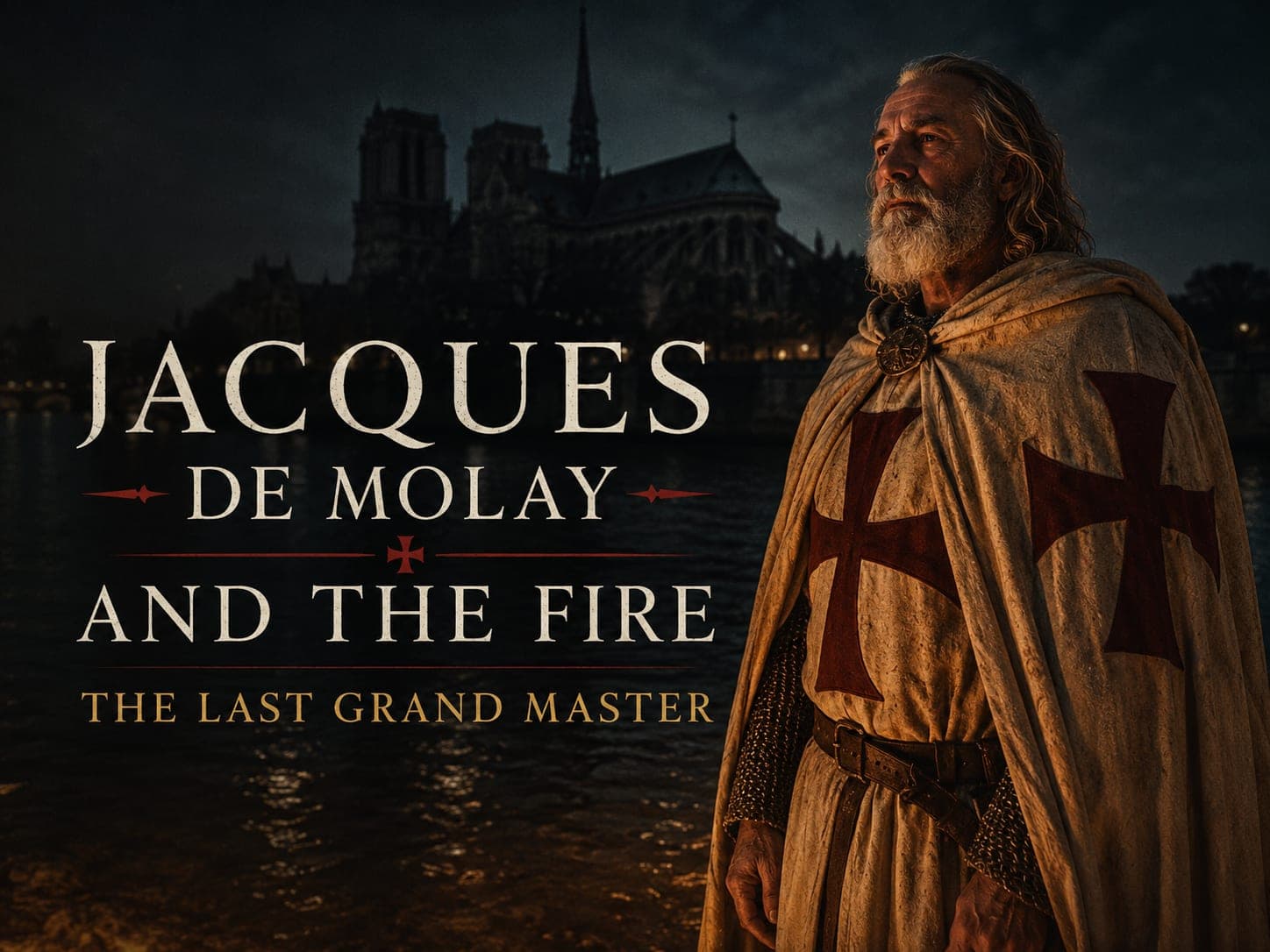 The old last Grand Master standing firelit at night by the Seine with a cathedral silhouette, in the dark cinematic style of the series, with the words "Jacques de Molay and the Fire" set across the graphic.