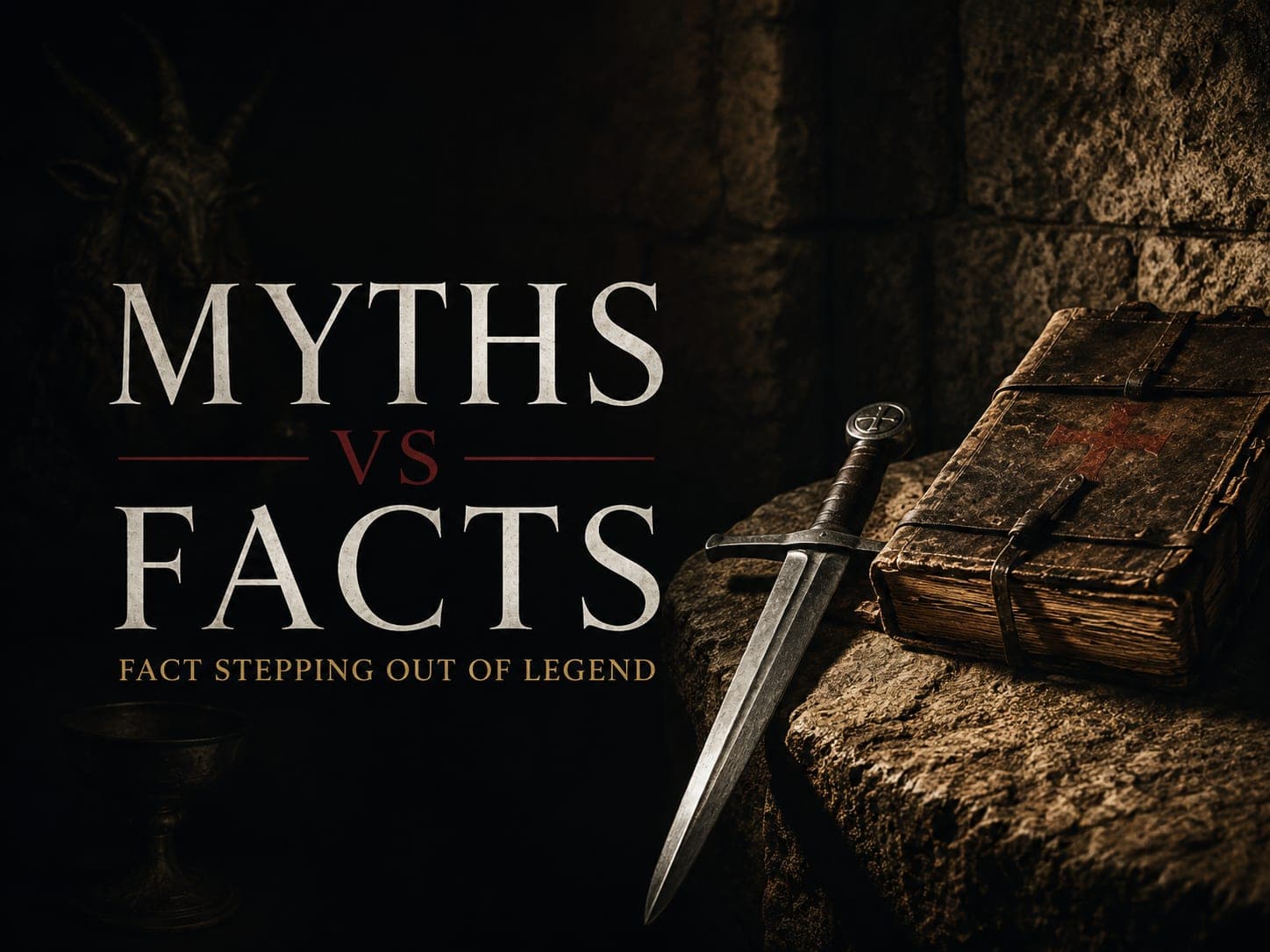 A Templar sword and a bound ledger in warm light beside a fading Grail and horned idol in shadow, in the dark cinematic style of the series, with the words "Myths vs. History: Grail, Freemasons, Treasure, and Baphomet" set across the graphic.