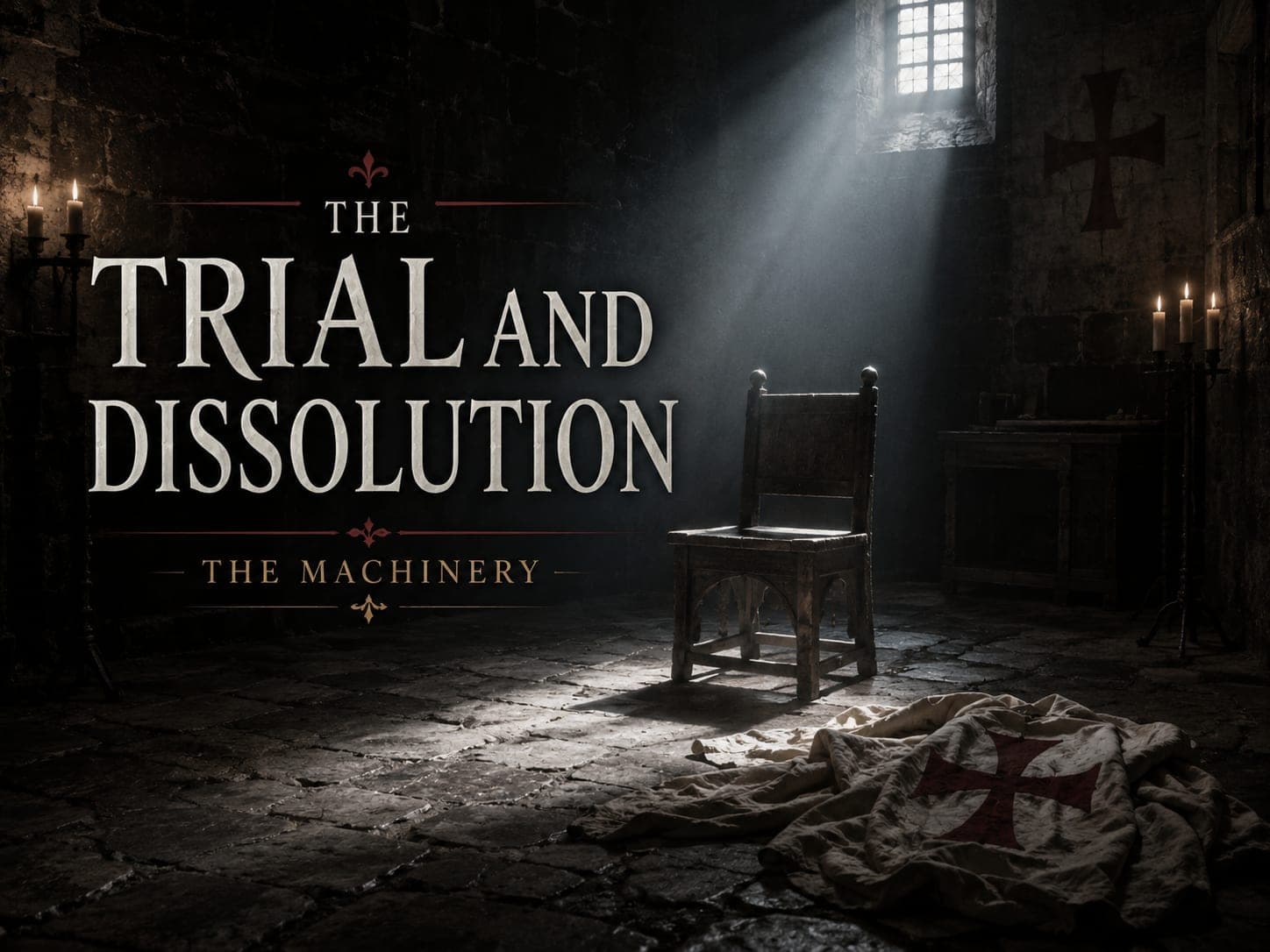 An empty stone interrogation hall, a single chair under a cold window shaft, a white mantle with a red cross crumpled on the flagstones, in the dark cinematic style of the series, with the words "The Trial and Dissolution, 1307 to 1312" set across the graphic.