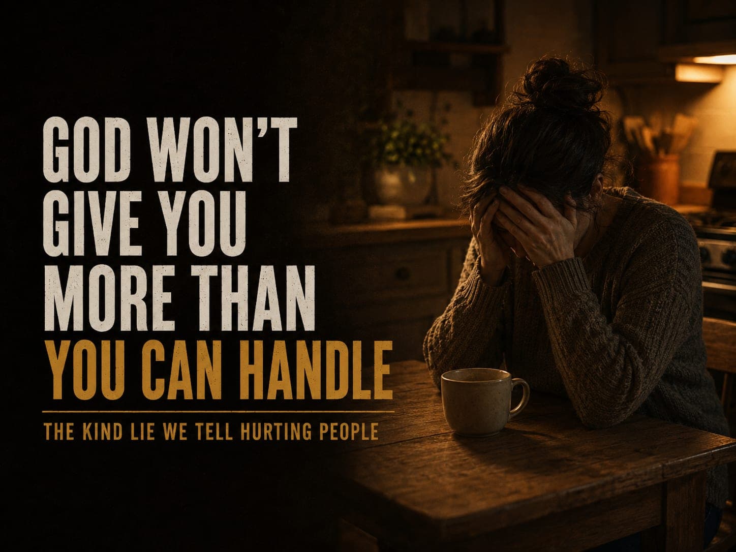 A person sitting alone at a kitchen table at night, head bowed into their hands, beside a cup of coffee.