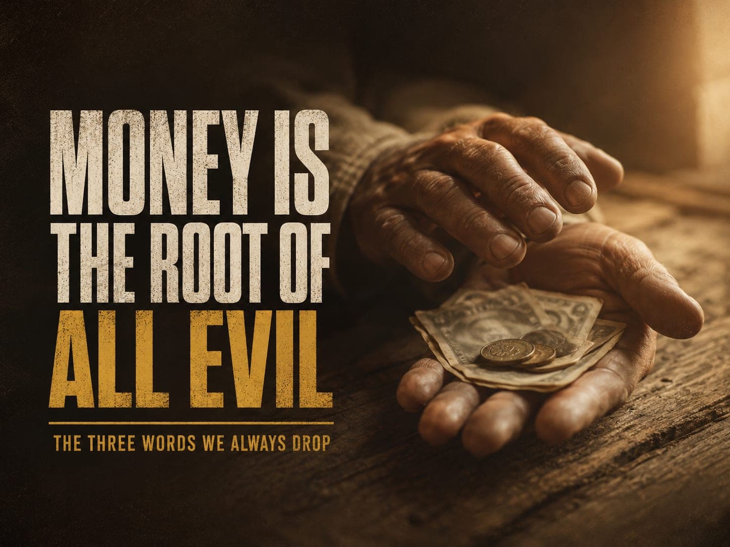A pair of weathered hands on a wooden table, one holding a small stack of worn cash and a few coins.