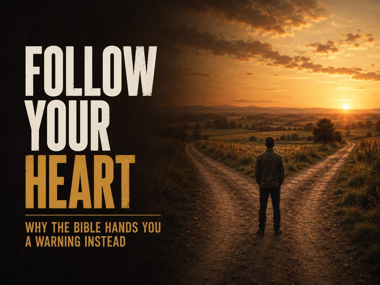 A lone figure standing at a fork where a dirt road splits into two paths under a glowing sunset.