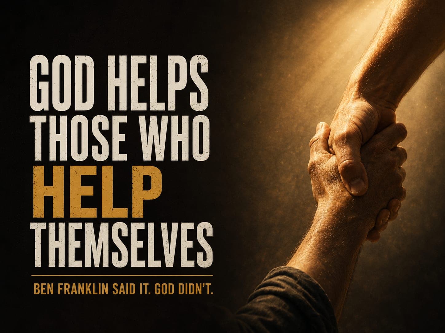 A strong hand reaching down out of warm light to grip the wrist of another hand rising from shadow.
