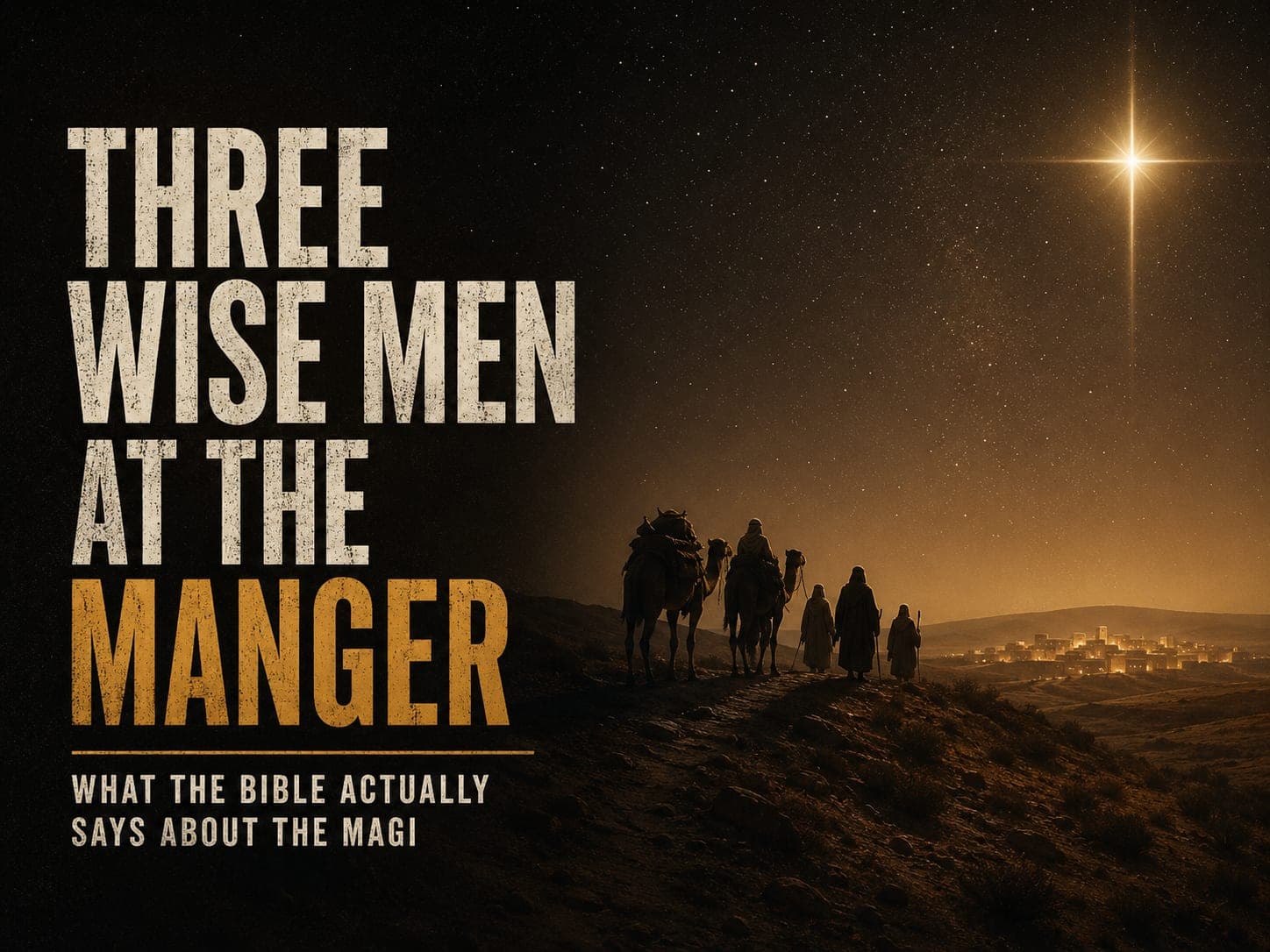 Robed travelers with camels crossing a dark desert ridge toward a lamplit town under one bright star.
