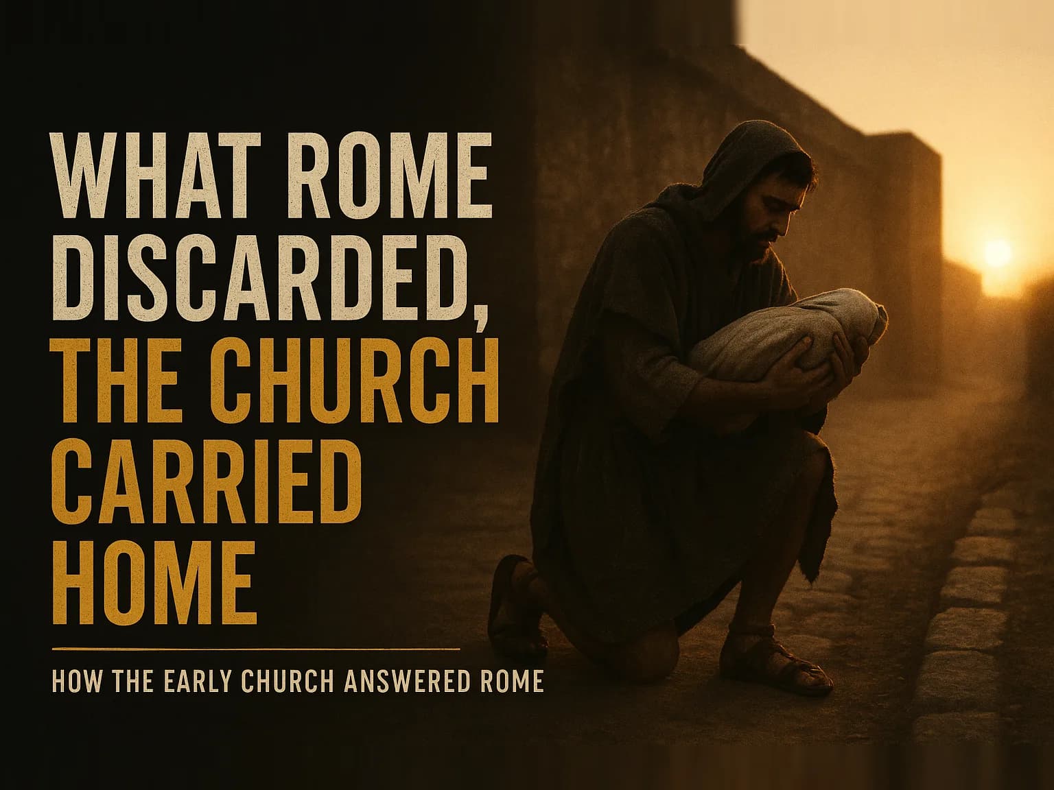 A kneeling man in a wool cloak at a Roman roadside at sunrise, lifting a linen-wrapped bundle against his chest, in the dark cinematic style of the series, with the words "The Church That Raised the Empire's Throwaway Babies" set across the graphic.