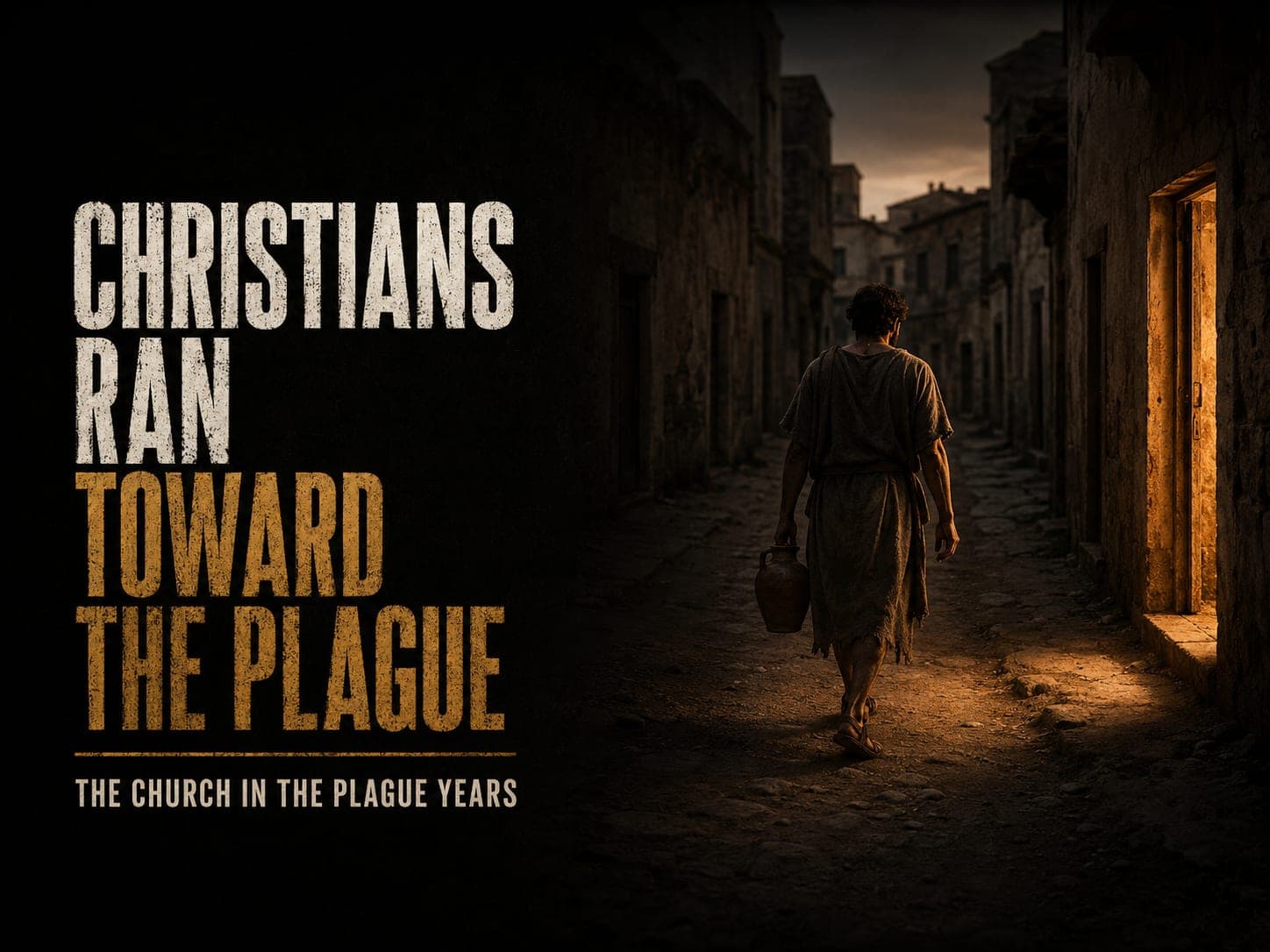 A man in a rough tunic walking down an emptied Roman street toward the one open lit doorway, carrying a clay water jar, in the dark cinematic style of the series, with the words "Christians Ran Toward the Plague" set across the graphic.