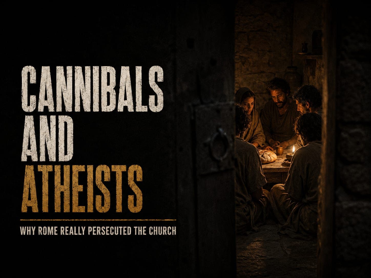A small group sharing bread and a clay cup by lamplight, seen from a dark alley through a partly open door, in the dark cinematic style of the series, with the words "Cannibals and Atheists: Why Rome Really Persecuted the Church" set across the graphic.