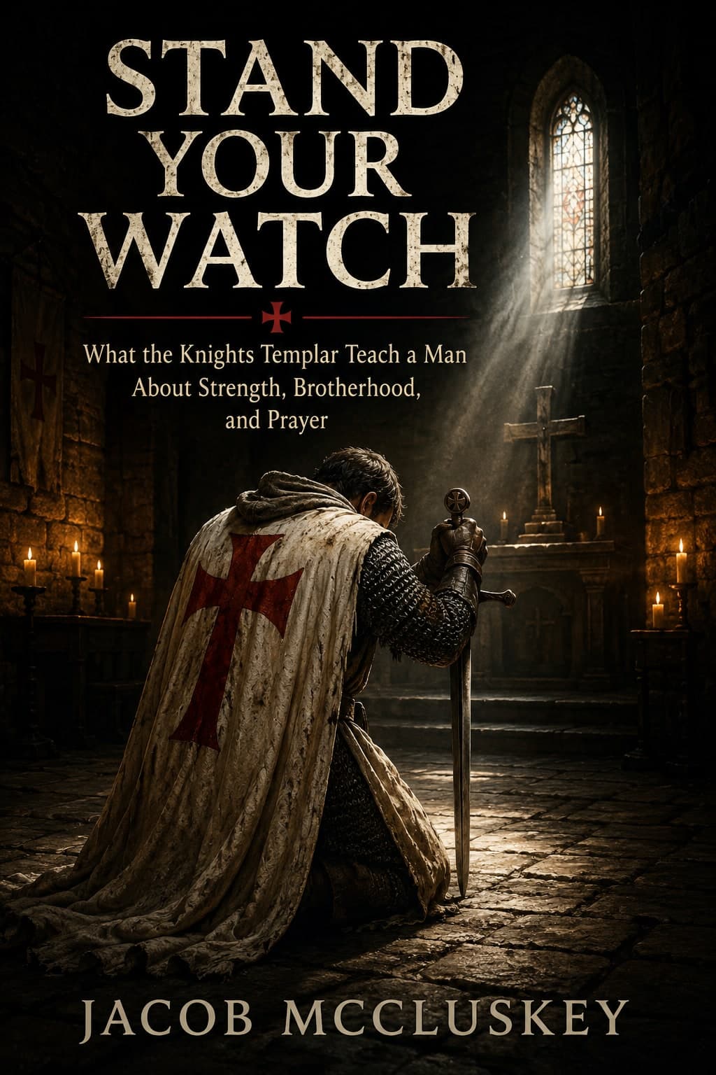 Stand Your Watch: What the Knights Templar Teach a Man About Strength, Brotherhood, and Prayer, by Jacob McCluskey. A kneeling Templar knight in a white mantle with a red cross, praying with his sword before a stone altar.