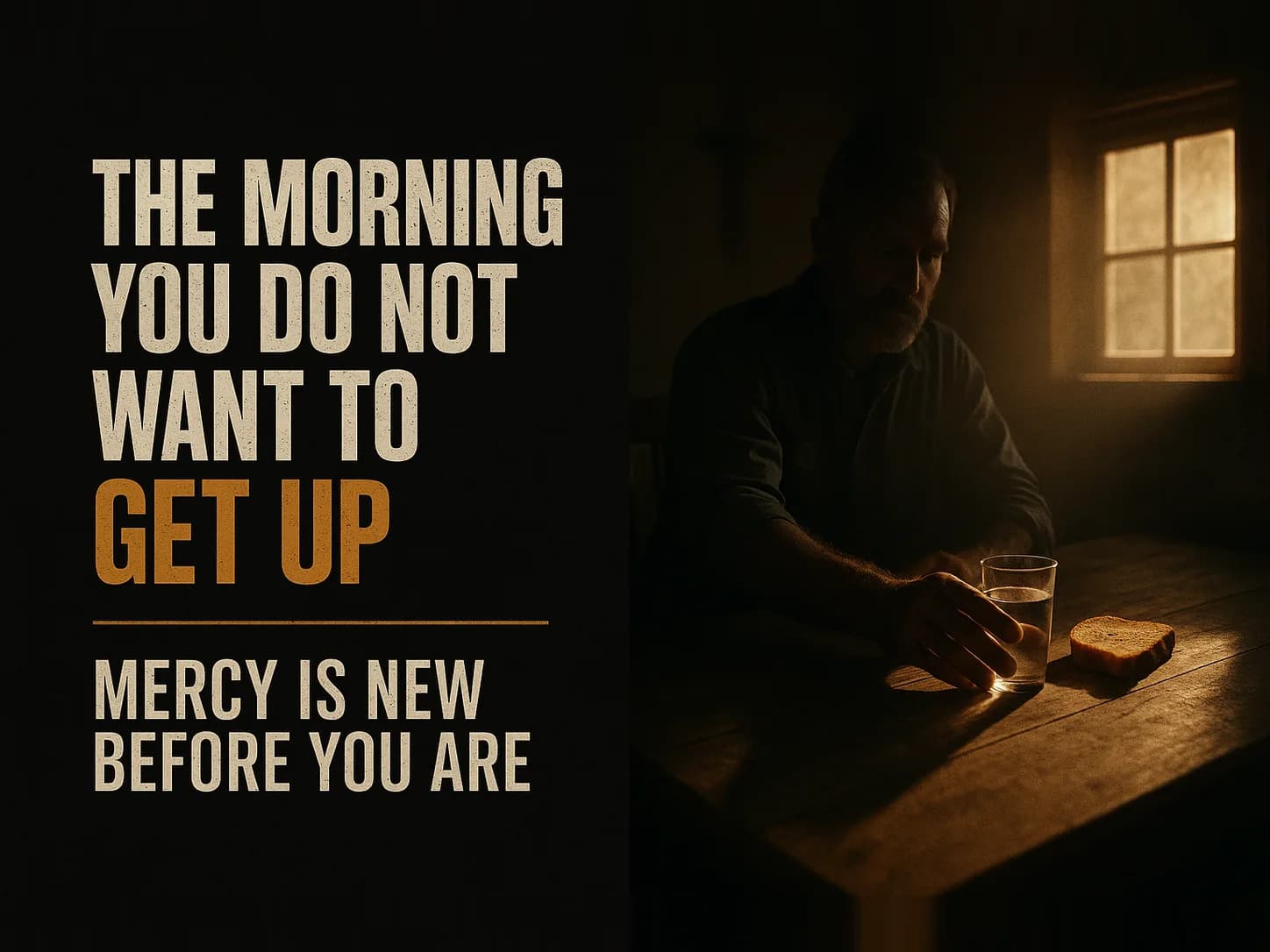 Bread and a glass of water set on a kitchen table in the first shaft of morning sun, a man's hand reaching into the light, in the dark cinematic style of the series, with the words "The Morning You Do Not Want to Get Up" set across the graphic.