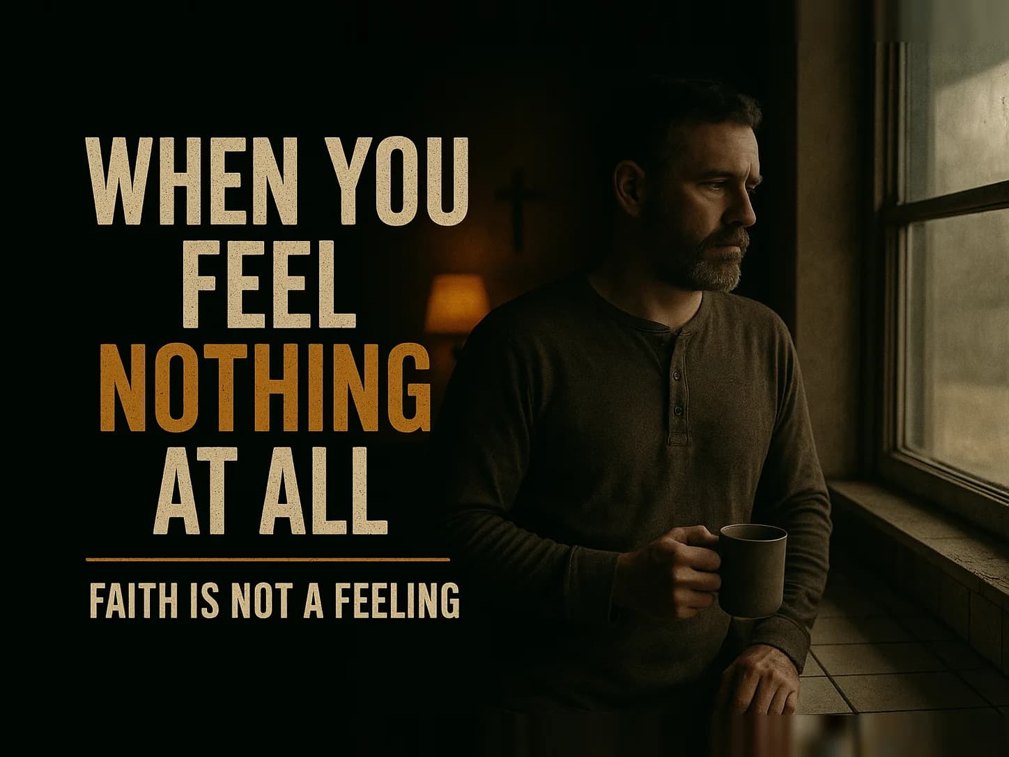 A man at a kitchen window at grey first light holding a mug of coffee gone cold, one lamp still burning behind him, in the dark cinematic style of the series, with the words "When You Feel Nothing at All" set across the graphic.