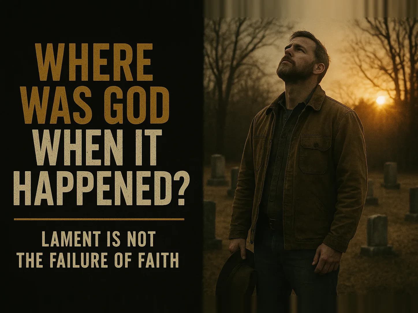 A man alone in a country cemetery at dusk, hat in hand, head tilted back looking up at the sky, in the dark cinematic style of the series, with the words "Where Was God When It Happened" set across the graphic.