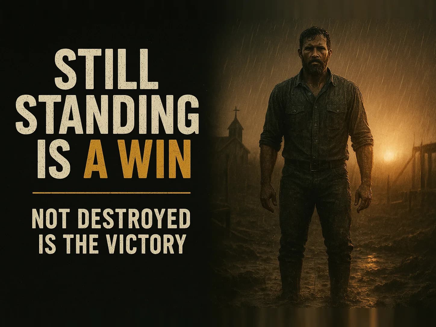 A soaked man in work clothes standing upright in a downpour at dawn on a muddy construction site, in the dark cinematic style of the series, with the words "Still Standing Is a Win" set across the graphic.