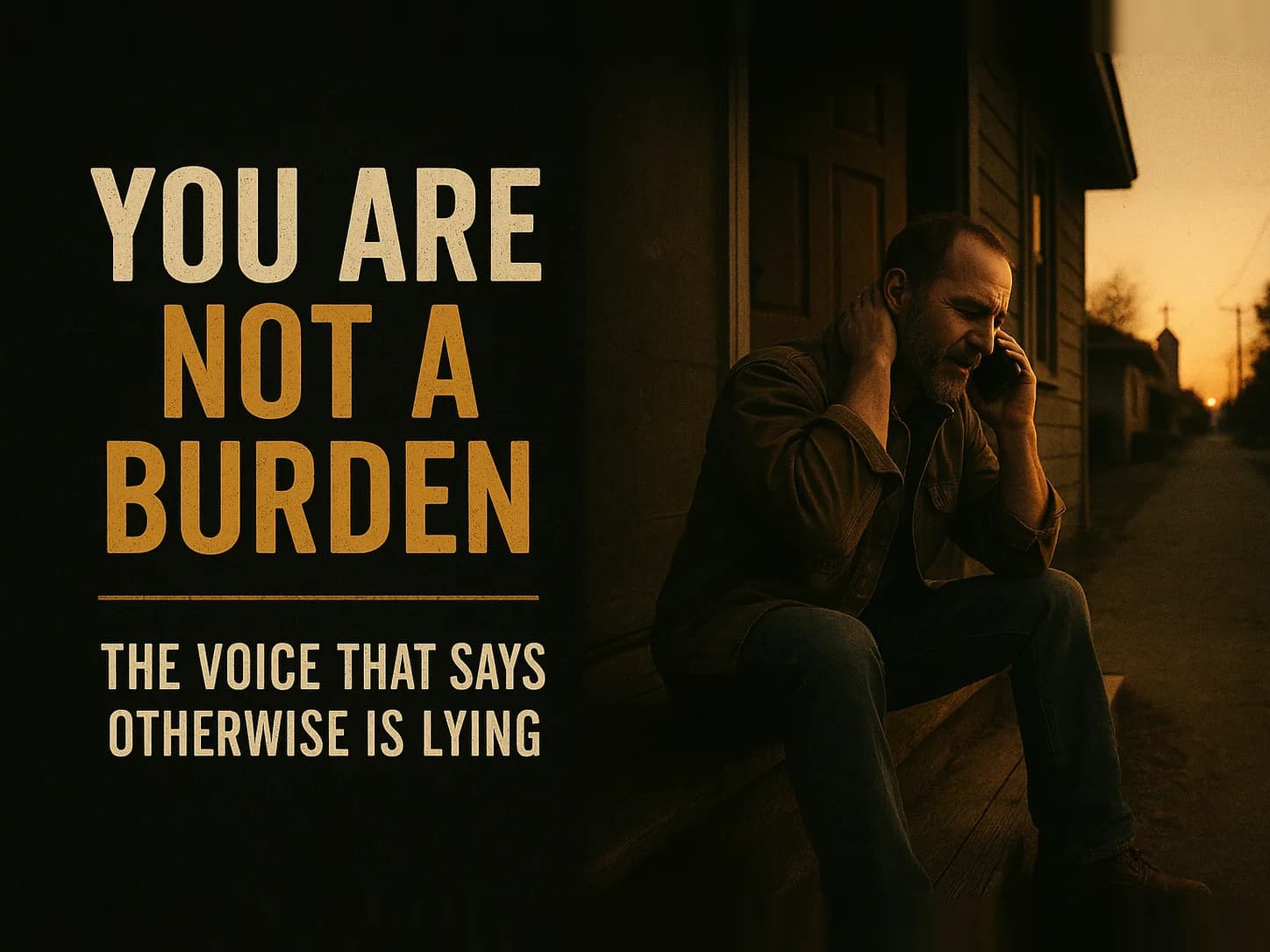 A man on his own front steps at first light with a phone to his ear as someone answers, shoulders easing, in the dark cinematic style of the series, with the words "The Voice That Says They Would Be Better Off Without You" set across the graphic.
