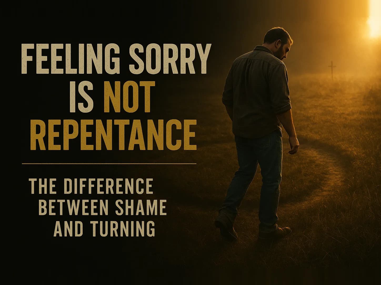 A man stepping off a worn circular rut in a field onto fresh unbroken grass at dawn, in the dark cinematic style of the series, with the words "Feeling Sorry Is Not Repentance" set across the graphic.