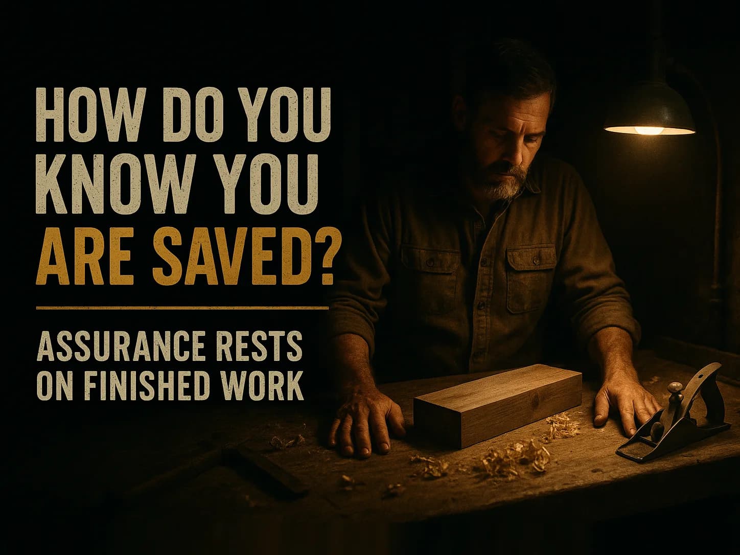 A carpenter's hands resting open beside a finished piece on a lamplit workbench, the plane set down, in the dark cinematic style of the series, with the words "How Do You Know If You're Actually Saved?" set across the graphic.