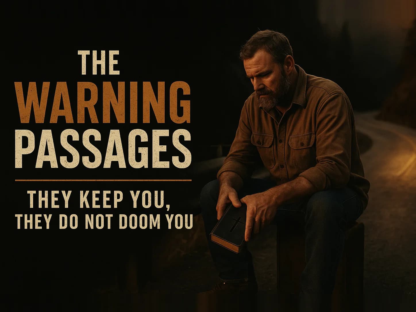 A man seated at dusk holding a Bible loosely in one hand beside a guardrailed mountain road, in the dark cinematic style of the series, with the words "The Warning Passages, and What They Actually Do" set across the graphic.