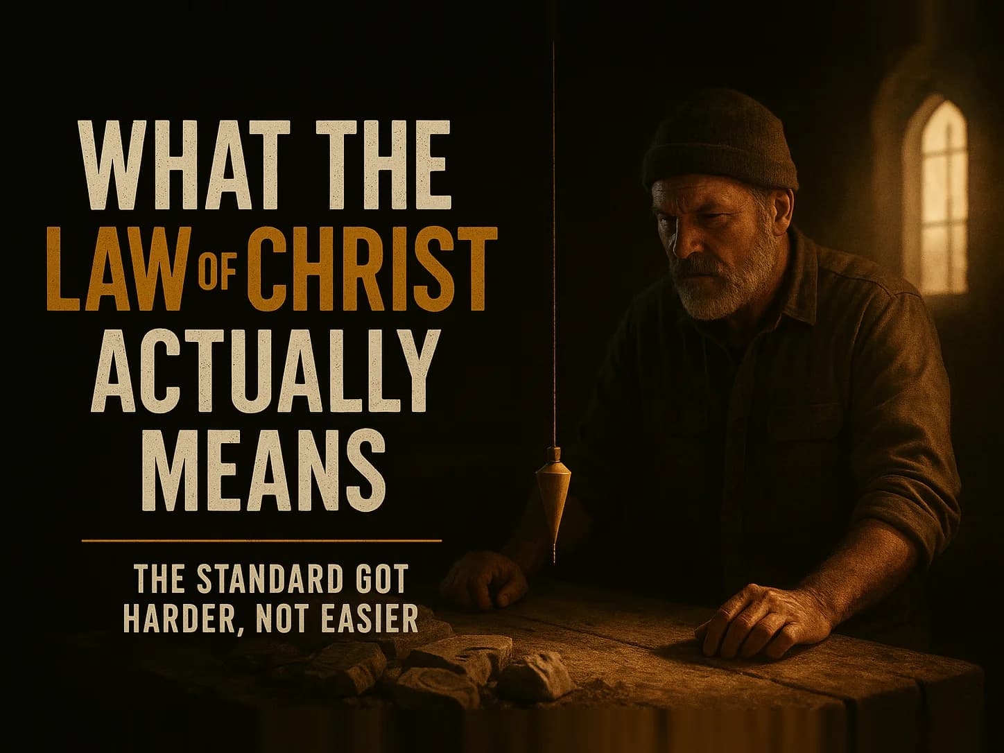 A stonemason's bench at first light with a taut plumb line hanging over it and broken stone tablet fragments pushed into shadow, in the dark cinematic style of the series, with the words "What "The Law of Christ" Actually Means" set across the graphic.
