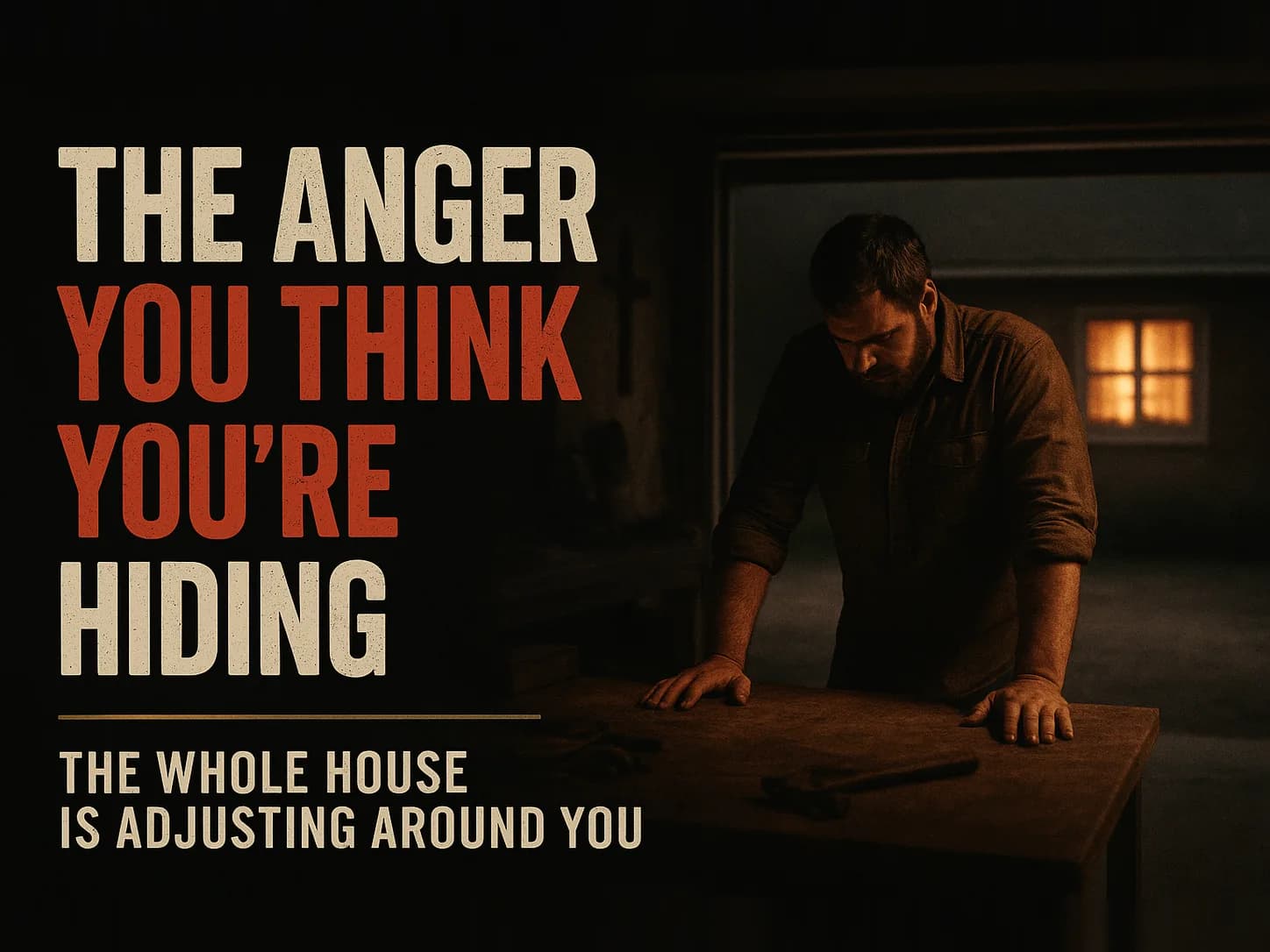 A man alone in a dim garage with both hands flat on a workbench, the warm kitchen window of his house through the open door, in the dark cinematic style of the series, with the words "The Anger You Think You're Hiding" set across the graphic.