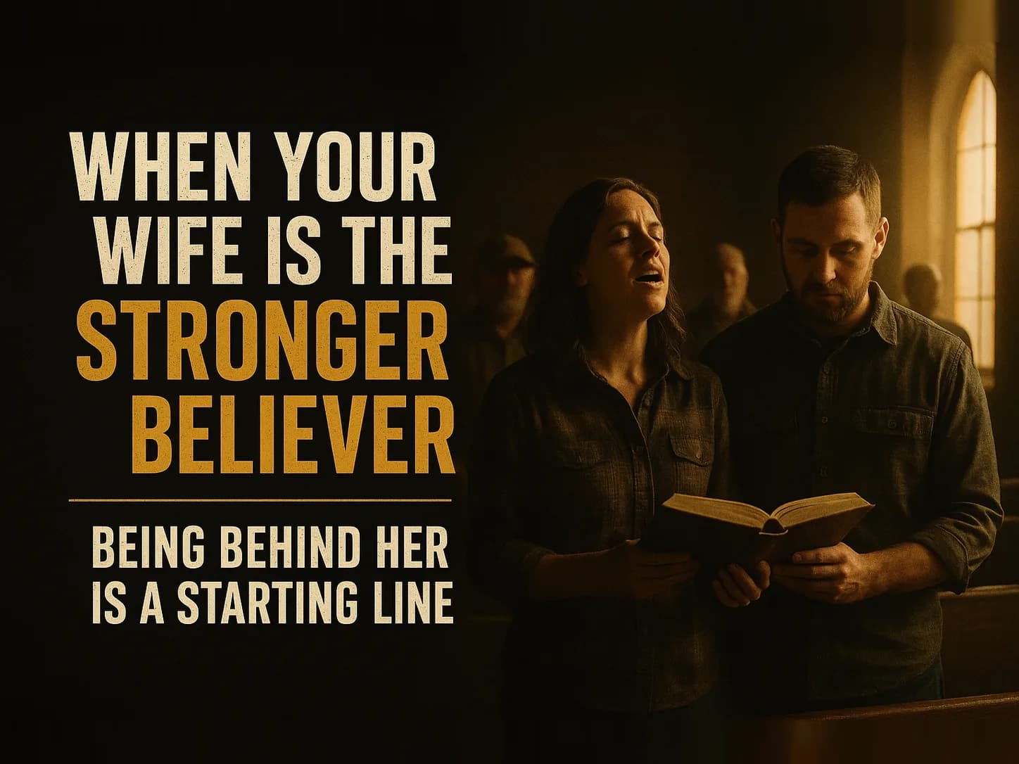 A husband and wife sharing a hymnal in a church pew, she singing with her eyes closed while he looks at the floor, in the dark cinematic style of the series, with the words "When Your Wife Is the Stronger Believer" set across the graphic.