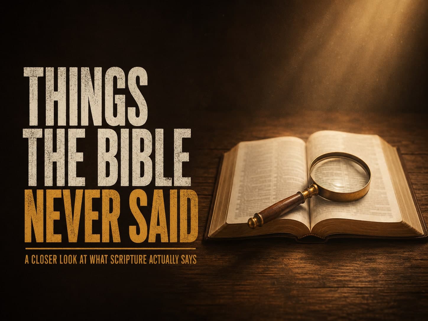 Things the Bible Never Said: an open Bible under warm light with a magnifying glass across the page.