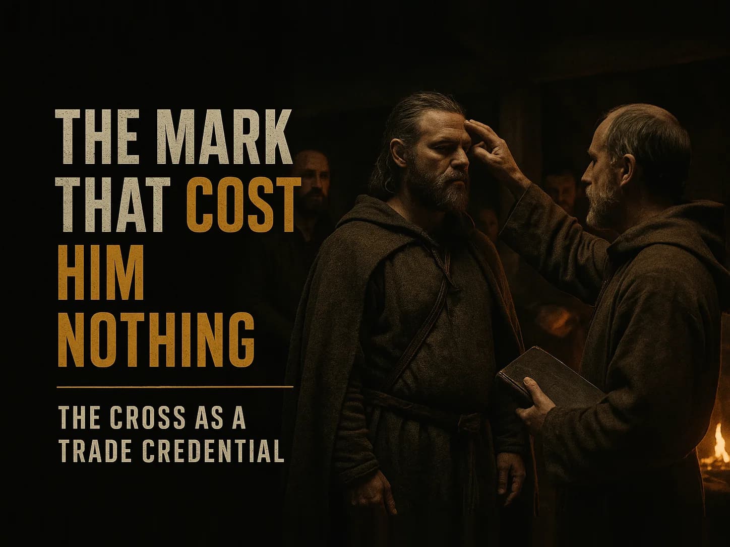 A priest tracing the sign of the cross on a Norse trader's forehead in a dim timber longhouse, in the dark cinematic style of the series, with the words "The Mark That Cost Him Nothing" set across the graphic.