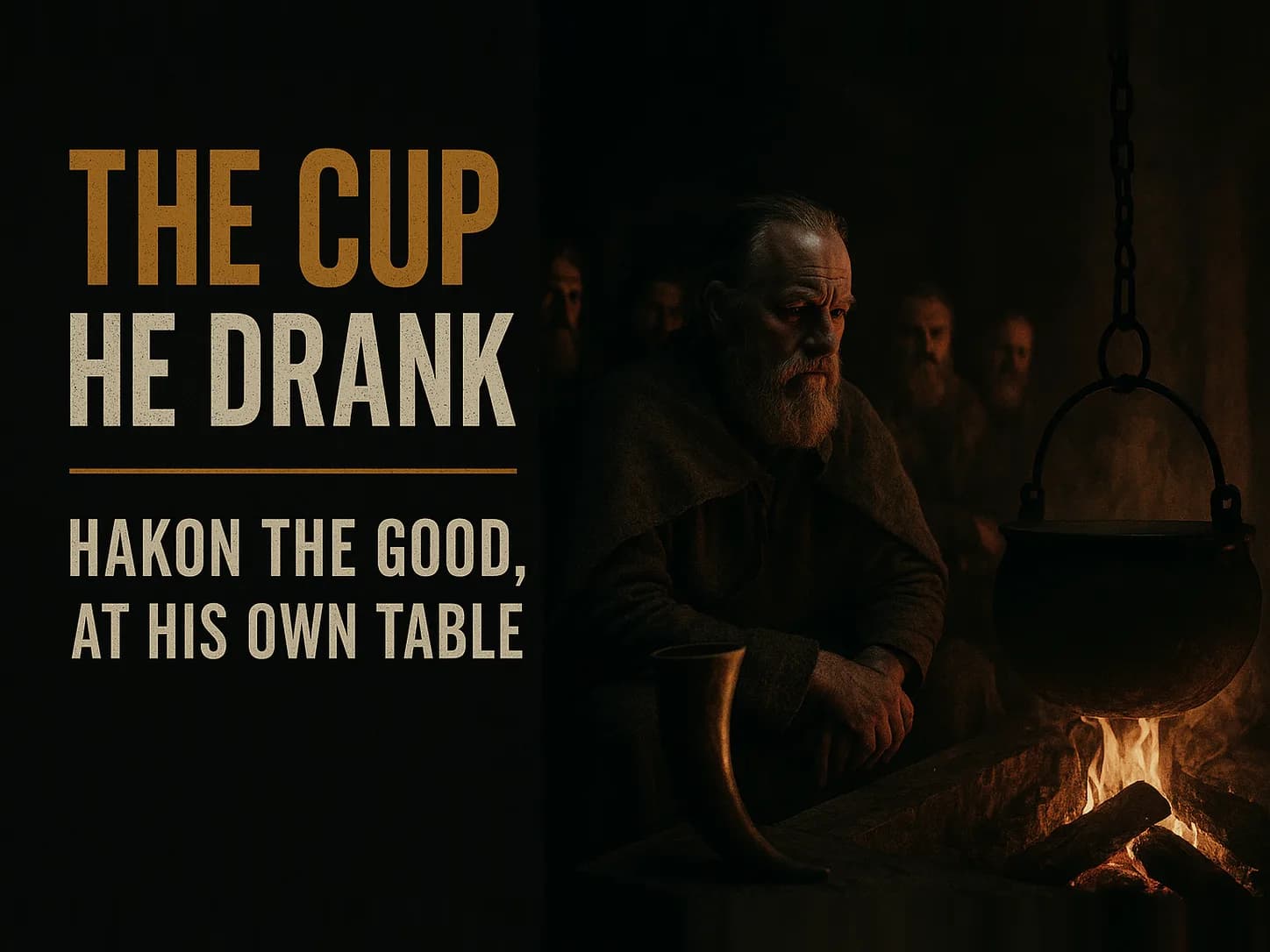 A Norse feast hall at night, steam off a great iron cauldron over the fire, a drinking horn, chieftains watching, in the dark cinematic style of the series, with the words "The Cup He Drank" set across the graphic.