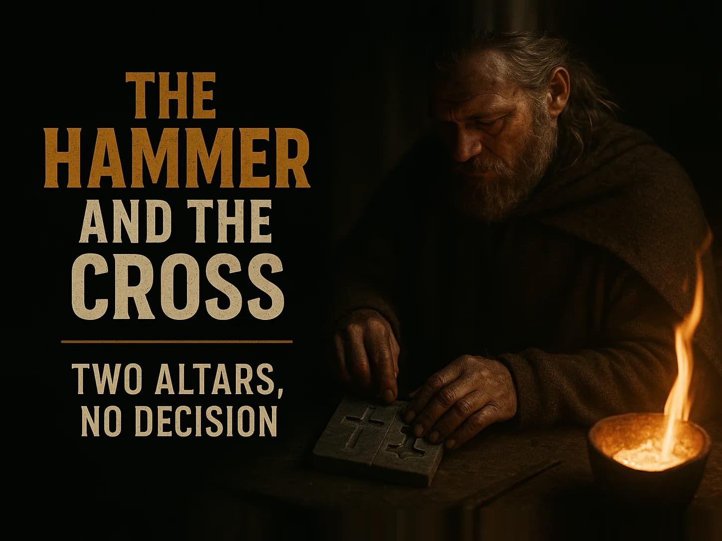 A Norse smith's hands at a soapstone mold cut with a cross and a Thor's hammer, forge fire glowing, in the dark cinematic style of the series, with the words "The Hammer and the Cross" set across the graphic.