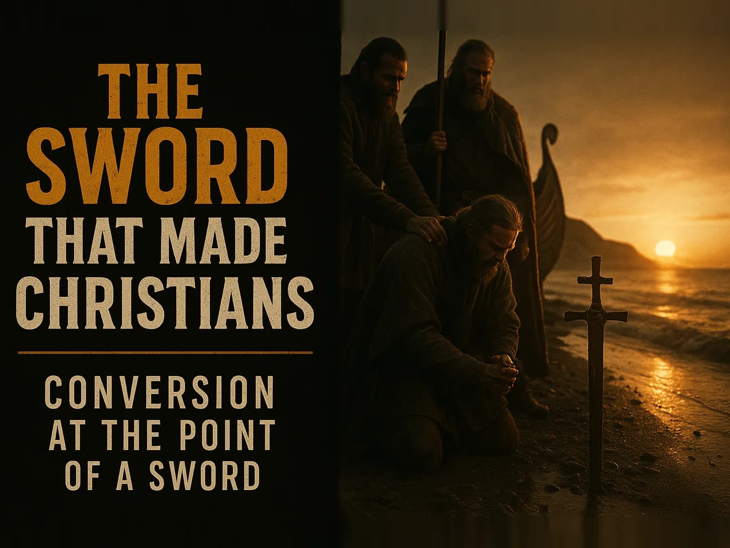 A fjord at dusk, a longship, a man forced to his knees, a sword driven into the sand with a cross bound to it, in the dark cinematic style of the series, with the words "The Sword That Made Christians" set across the graphic.