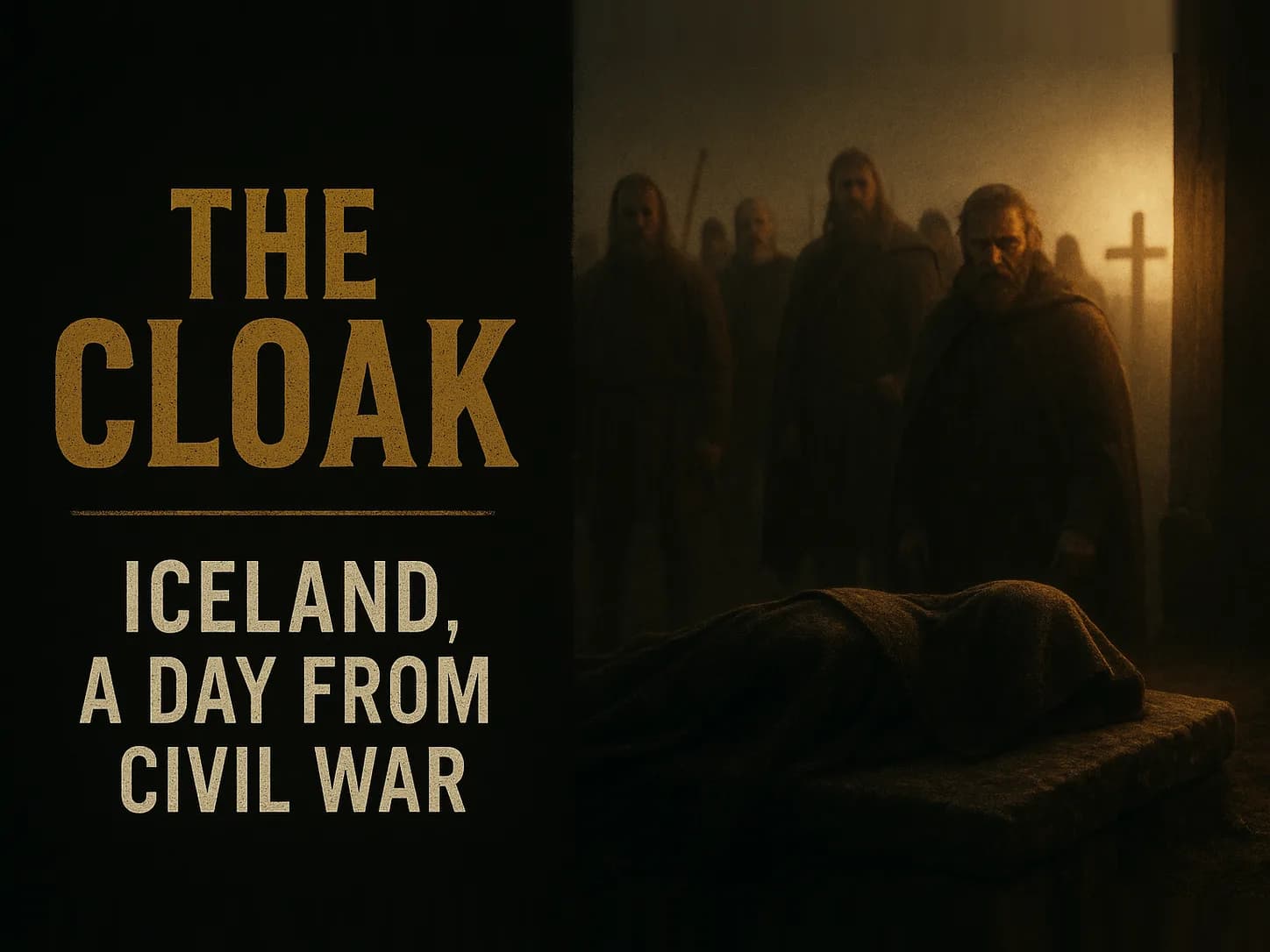 A Norse man lying under a heavy cloak on a stone platform, a crowd waiting in the cold gloom, in the dark cinematic style of the series, with the words "The Cloak" set across the graphic.