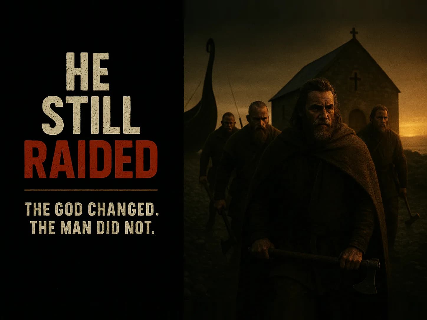 A longship beached below a stone monastery at cold dawn, armed baptized Norsemen moving up the beach with axes, in the dark cinematic style of the series, with the words "He Still Raided" set across the graphic.